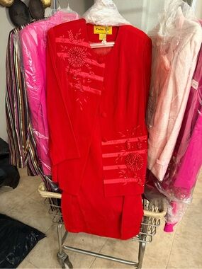 Red Embroidered Long-Sleeve Dress Set by